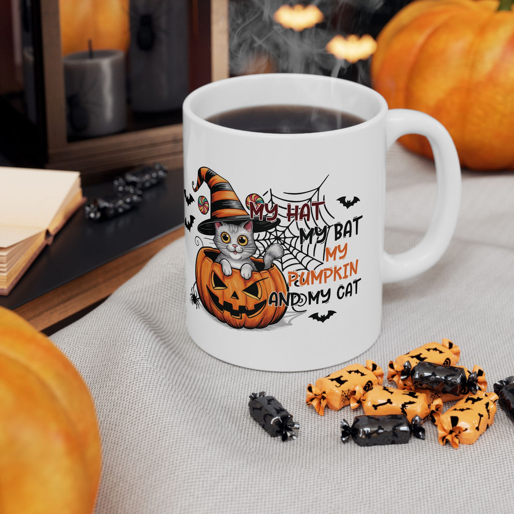 Halloween Cat & Pumpink - Halloween Ceramic Mug, (11oz)