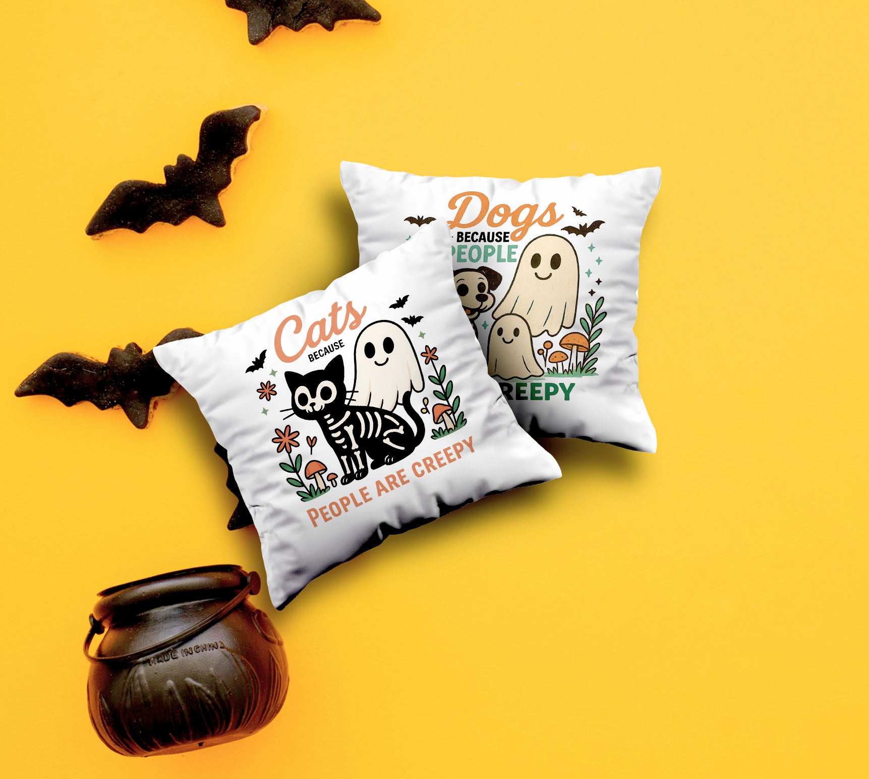 Cats&Dogs Because People are Creepy - Halloween Square Pillow