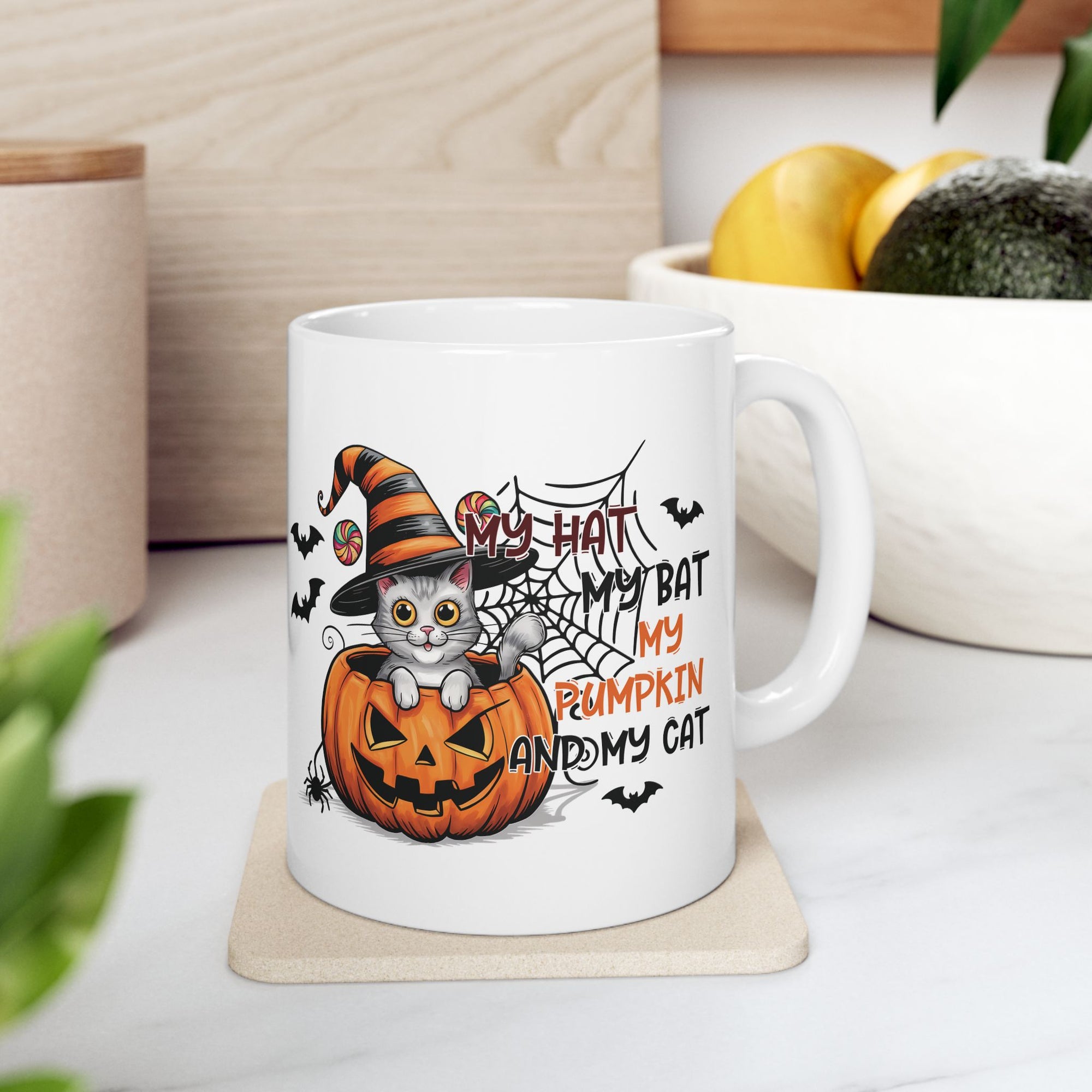Halloween Cat & Pumpink - Halloween Ceramic Mug, (11oz)
